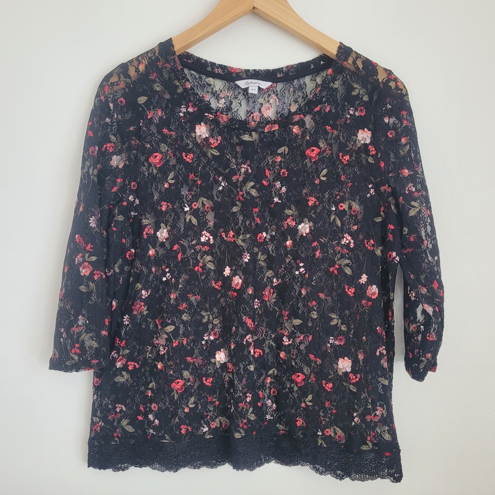 Reitmans Black Floral Rose Lace Blouse Size M Scalloped Trim Romantic Sheer